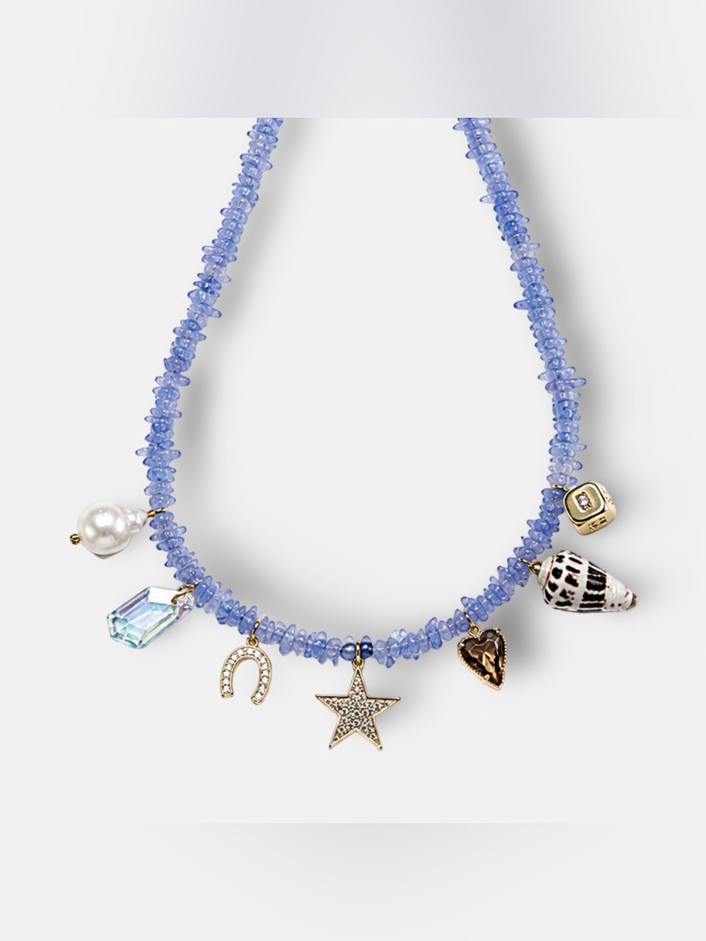 New! Tanzanite & Lapis Charm Necklace w/Pearl, Pave Star, Dice, Smoky Quartz